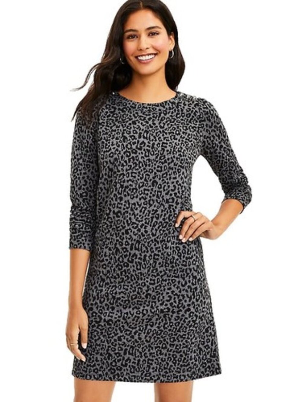 LOFT Ann Taylor Gray Black Leopard Print long sleeve knit Sweater Dress XS